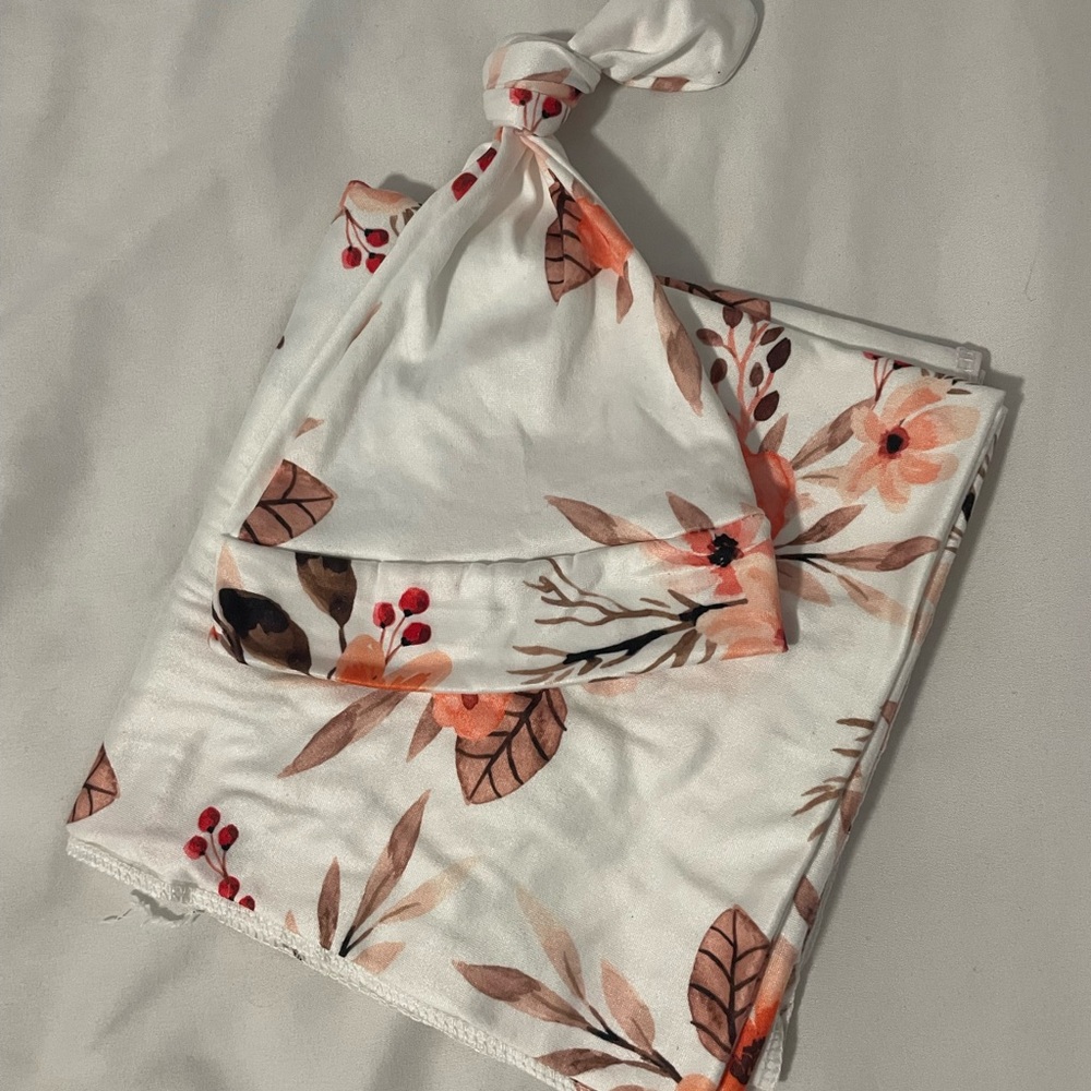 NWOT Floral Baby Swaddle and Hat Set